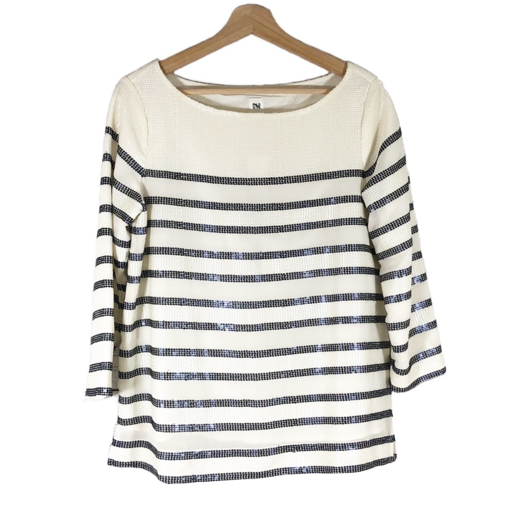 NWT Gap Striped Sequins Pullover Top 3/4 Sleeves White Black Sz S